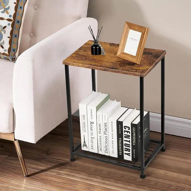 Lot de 2 petites tables d'appoint à 2 niveaux avec étagère de rangement ouverte