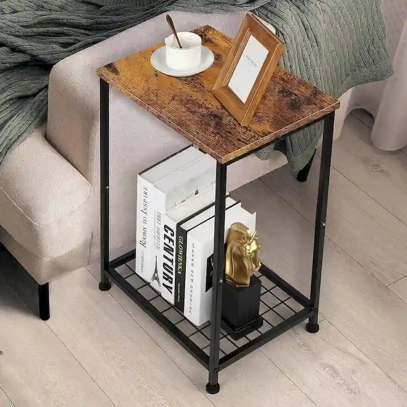 Lot de 2 petites tables d'appoint à 2 niveaux avec étagère de rangement ouverte
