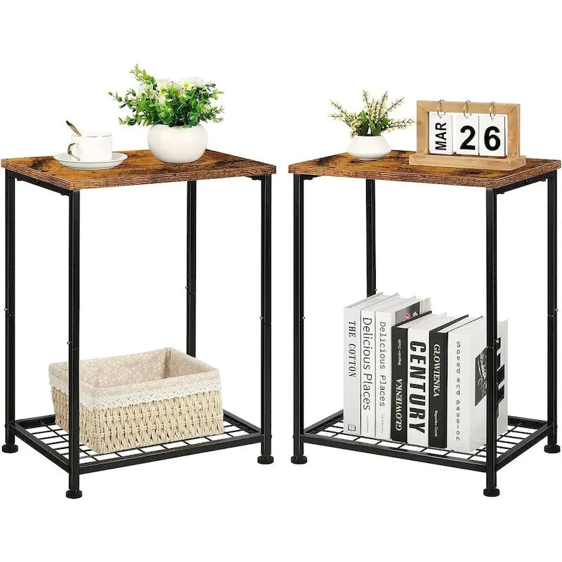 Lot de 2 petites tables d'appoint à 2 niveaux avec étagère de rangement ouverte