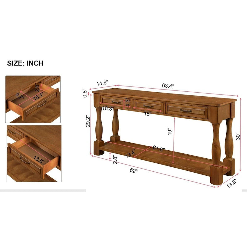 Console en bois de 160 cm de long avec 3 tiroirs
