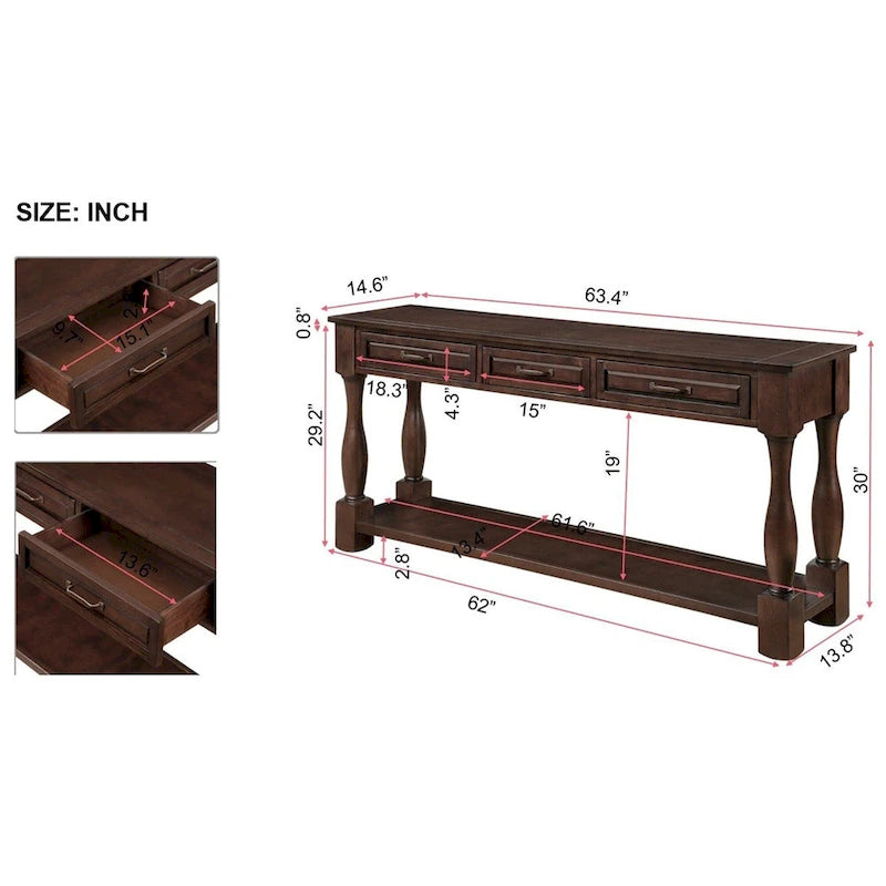 Console en bois de 160 cm de long avec 3 tiroirs