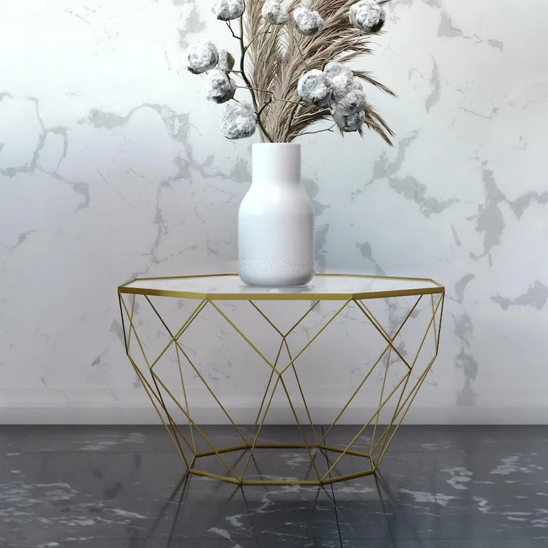 Table basse octogonale moderne Malibu 22 avec plateau en verre trempé et base géométrique robuste en métal pour salon/bureau