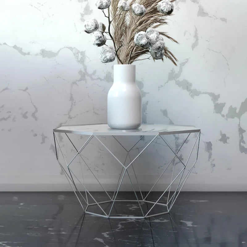 Table basse octogonale moderne Malibu 22 avec plateau en verre trempé et base géométrique robuste en métal pour salon/bureau
