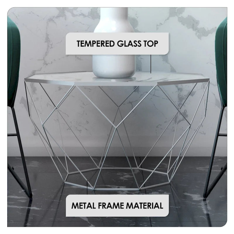 Table basse octogonale moderne Malibu 22 avec plateau en verre trempé et base géométrique robuste en métal pour salon/bureau