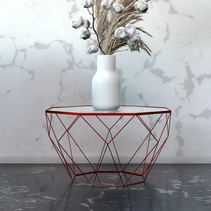 Table basse octogonale moderne Malibu 22 avec plateau en verre trempé et base géométrique robuste en métal pour salon/bureau