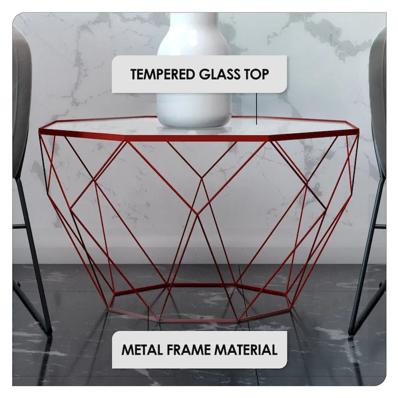 Table basse octogonale moderne Malibu 22 avec plateau en verre trempé et base géométrique robuste en métal pour salon/bureau