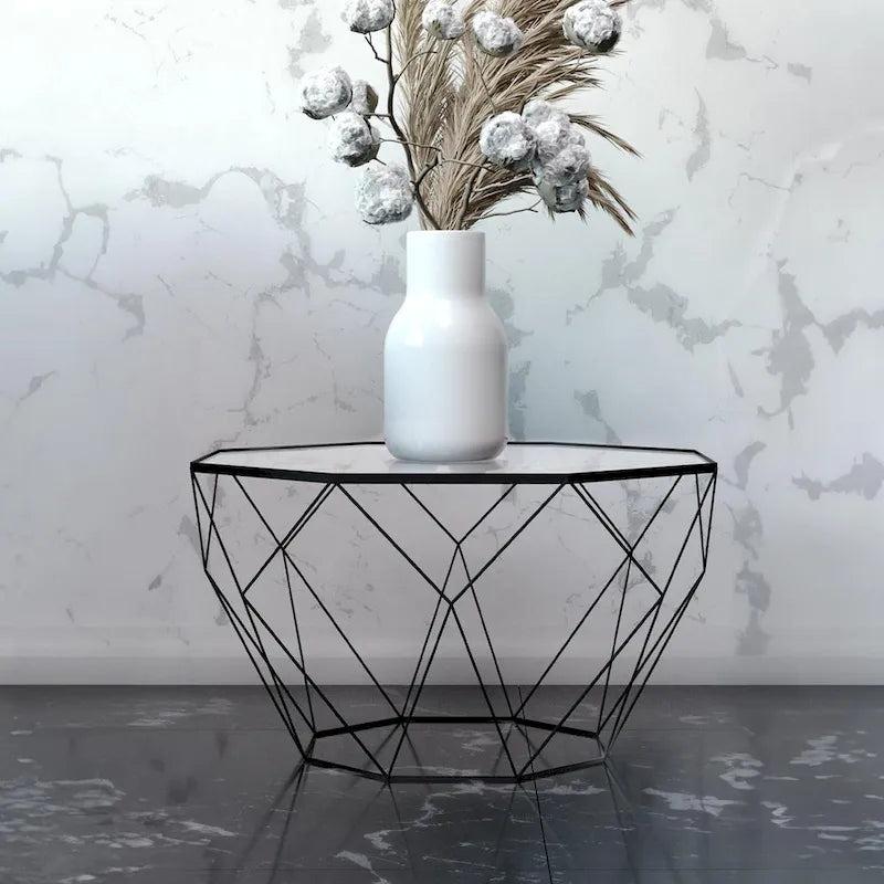 Table basse octogonale moderne Malibu 22 avec plateau en verre trempé et base géométrique robuste en métal pour salon/bureau