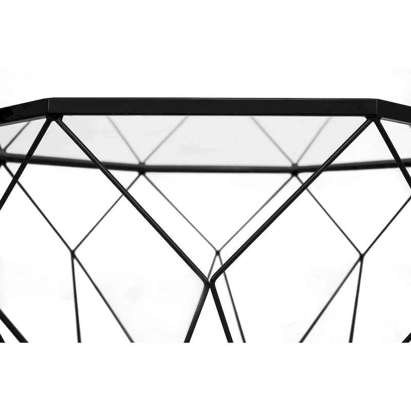 Table basse octogonale moderne Malibu 22 avec plateau en verre trempé et base géométrique robuste en métal pour salon/bureau