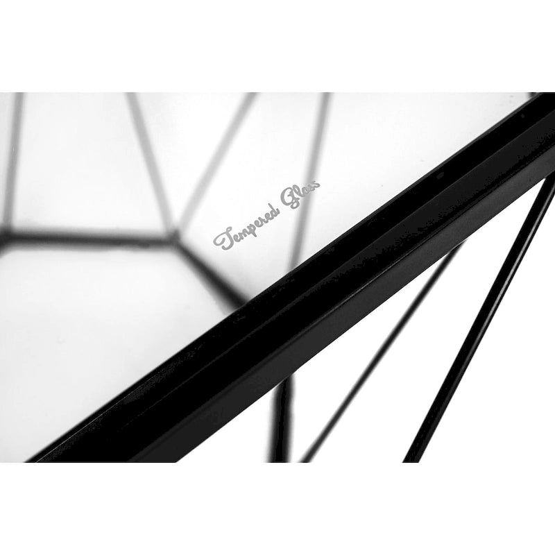 Table basse octogonale moderne Malibu 22 avec plateau en verre trempé et base géométrique robuste en métal pour salon/bureau