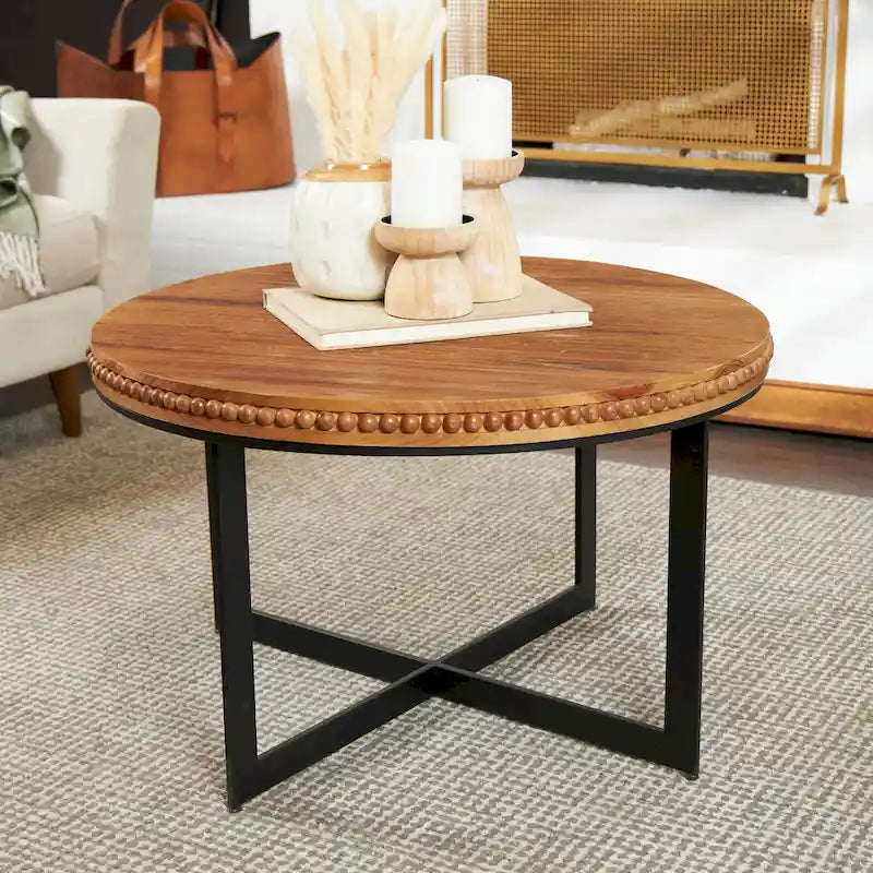 Table basse en bois à perles avec base en métal en forme de X - Marron - Roche River Decor - 30Lx30Px16H