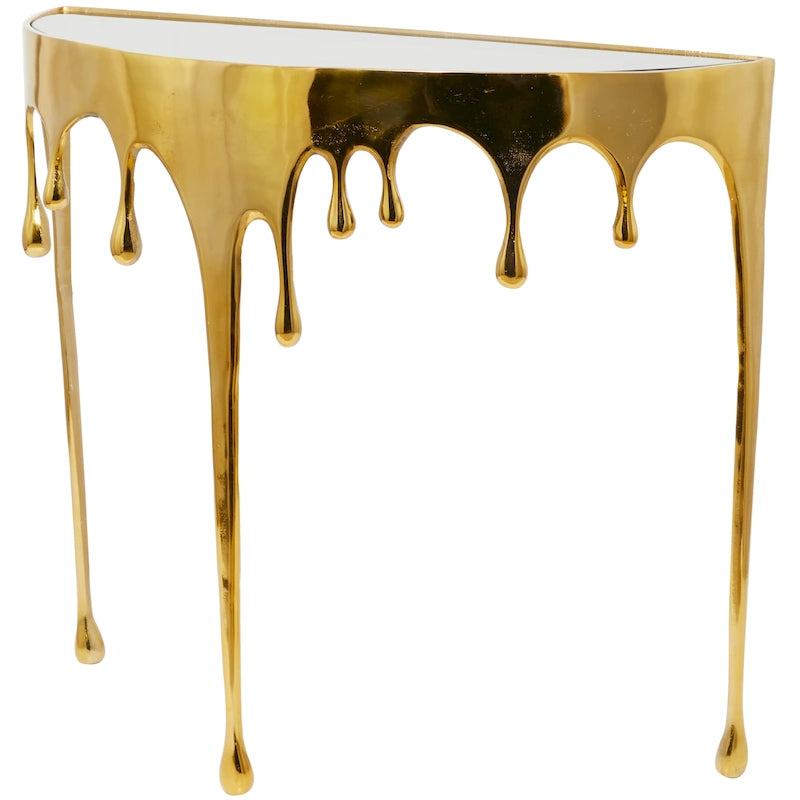 Table basse ou console en métal d'aluminium avec piètement au design fondu et plateau en verre fumé – Roche River Decor