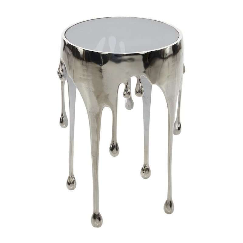 Table basse ou console en métal d'aluminium avec piètement au design fondu et plateau en verre fumé – Roche River Decor