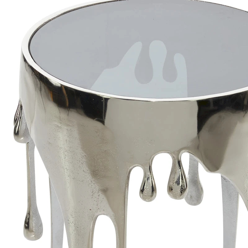 Table basse ou console en métal d'aluminium avec piètement au design fondu et plateau en verre fumé – Roche River Decor