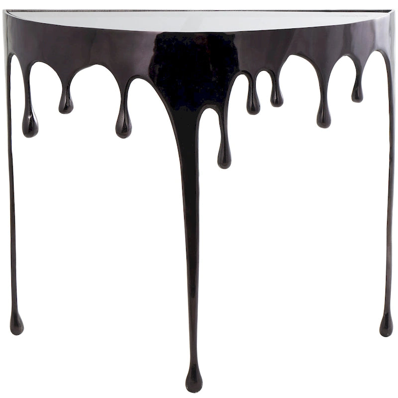 Table basse ou console en métal d'aluminium avec piètement au design fondu et plateau en verre fumé – Roche River Decor