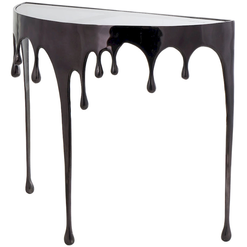 Table basse ou console en métal d'aluminium avec piètement au design fondu et plateau en verre fumé – Roche River Decor