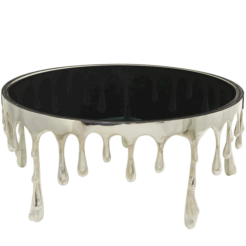 Table basse ou console en métal d'aluminium avec piètement au design fondu et plateau en verre fumé – Roche River Decor