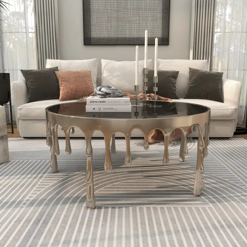 Table basse ou console en métal d'aluminium avec piètement au design fondu et plateau en verre fumé – Roche River Decor