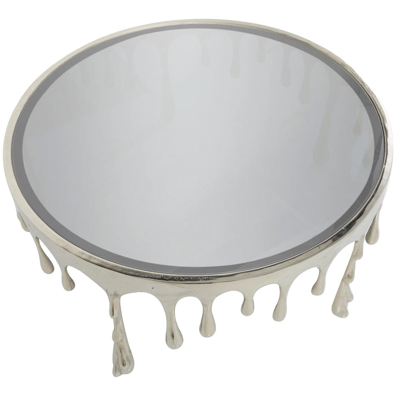 Table basse ou console en métal d'aluminium avec piètement au design fondu et plateau en verre fumé – Roche River Decor