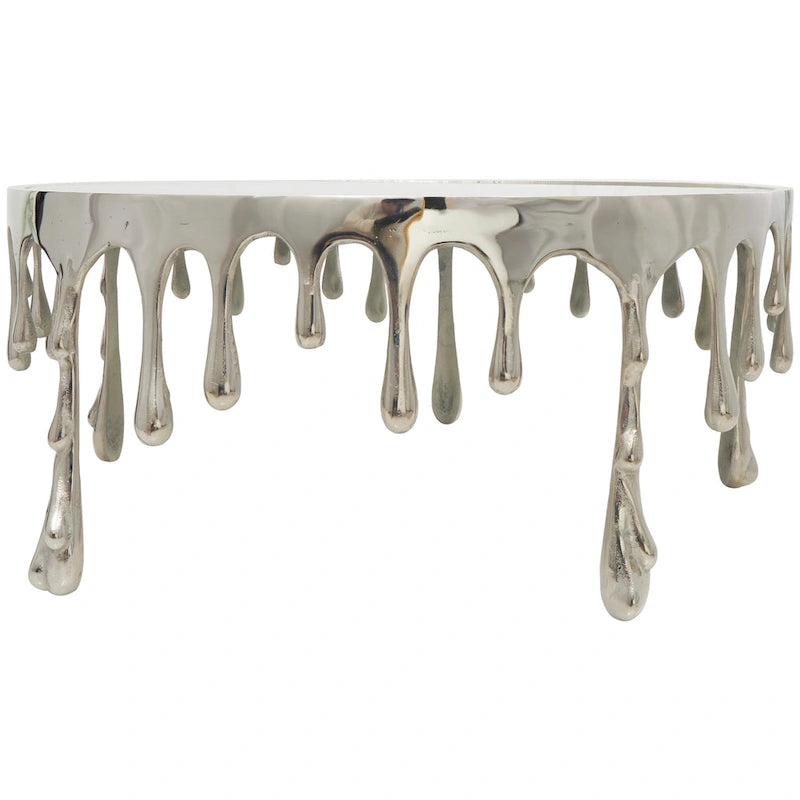Table basse ou console en métal d'aluminium avec piètement au design fondu et plateau en verre fumé – Roche River Decor