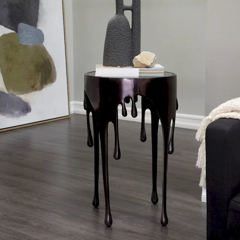 Table basse ou console en métal d'aluminium avec piètement au design fondu et plateau en verre fumé – Roche River Decor