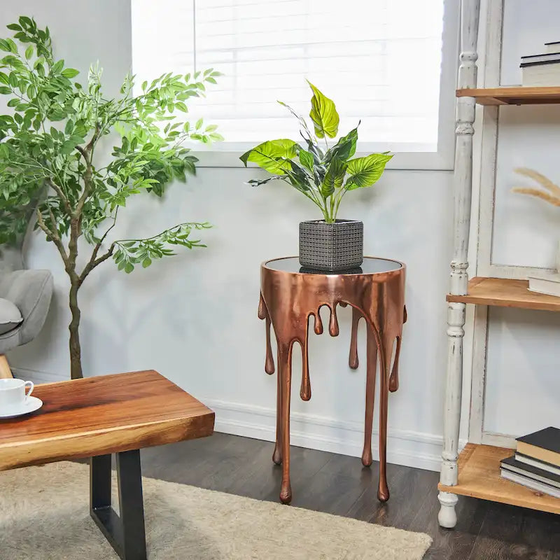 Table basse ou console en métal d'aluminium avec piètement au design fondu et plateau en verre fumé – Roche River Decor