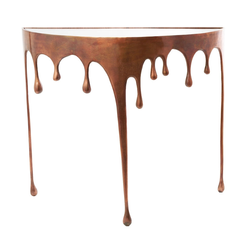 Table basse ou console en métal d'aluminium avec piètement au design fondu et plateau en verre fumé – Roche River Decor
