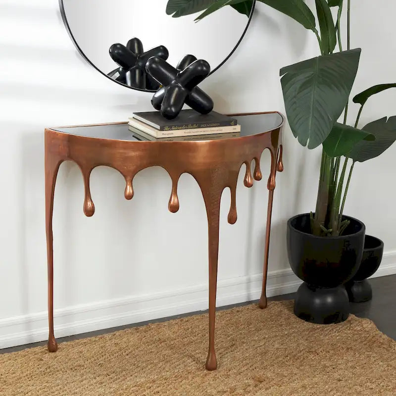 Table basse ou console en métal d'aluminium avec piètement au design fondu et plateau en verre fumé – Roche River Decor
