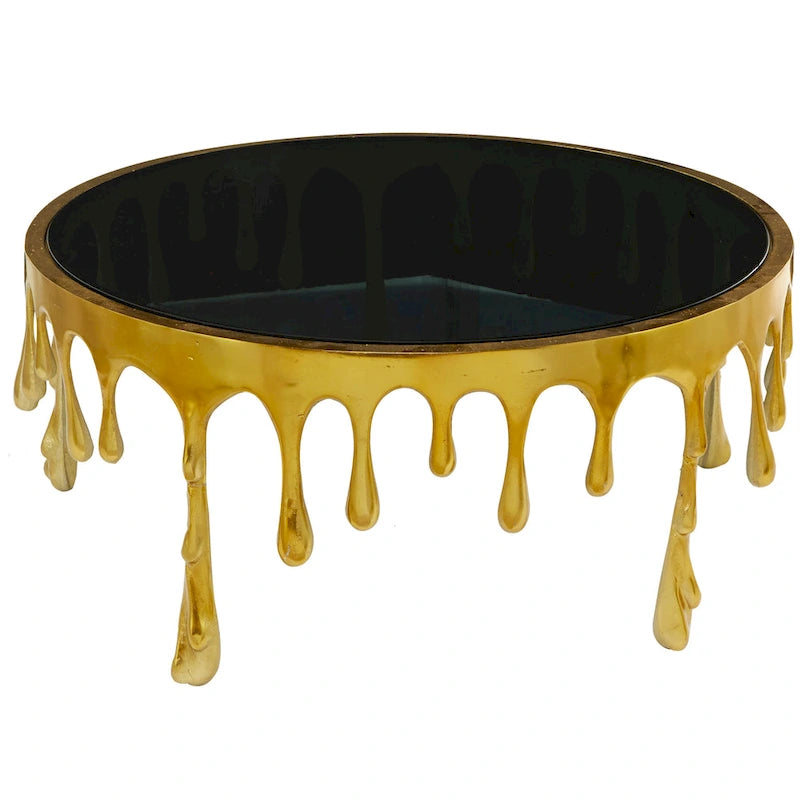 Table basse ou console en métal d'aluminium avec piètement au design fondu et plateau en verre fumé – Roche River Decor