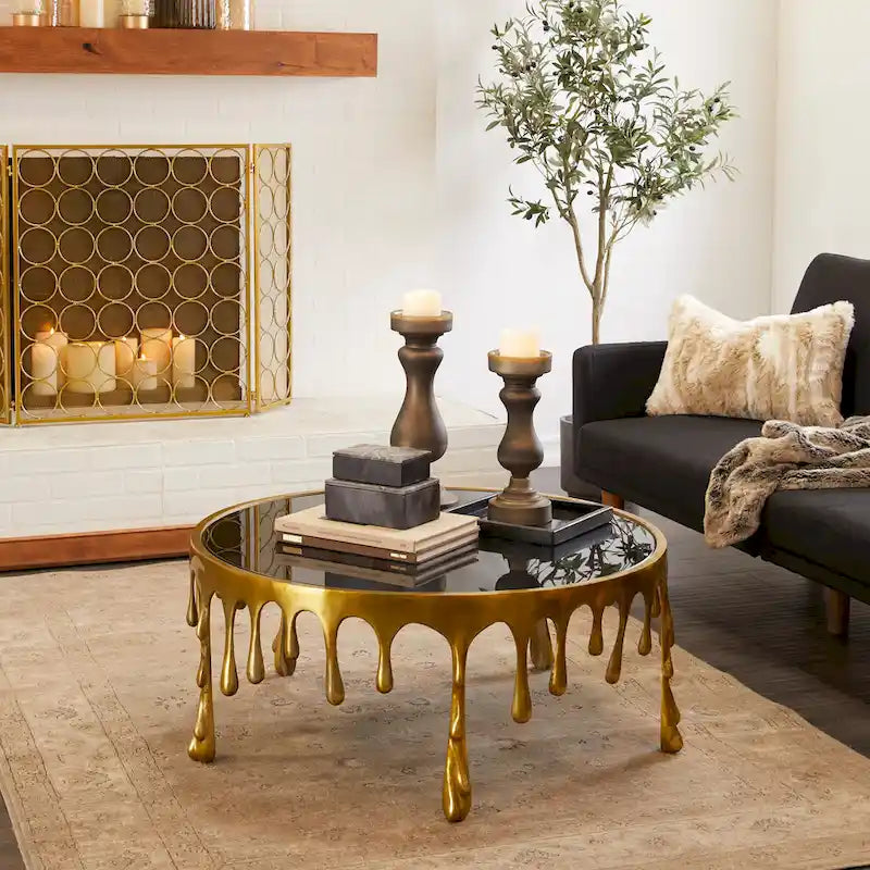 Table basse ou console en métal d'aluminium avec piètement au design fondu et plateau en verre fumé – Roche River Decor