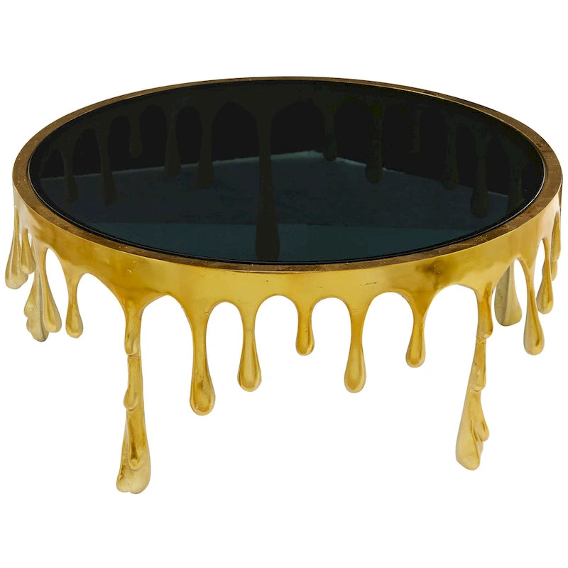 Table basse ou console en métal d'aluminium avec piètement au design fondu et plateau en verre fumé – Roche River Decor