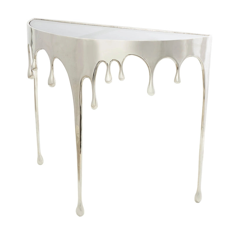 Table basse ou console en métal d'aluminium avec piètement au design fondu et plateau en verre fumé – Roche River Decor