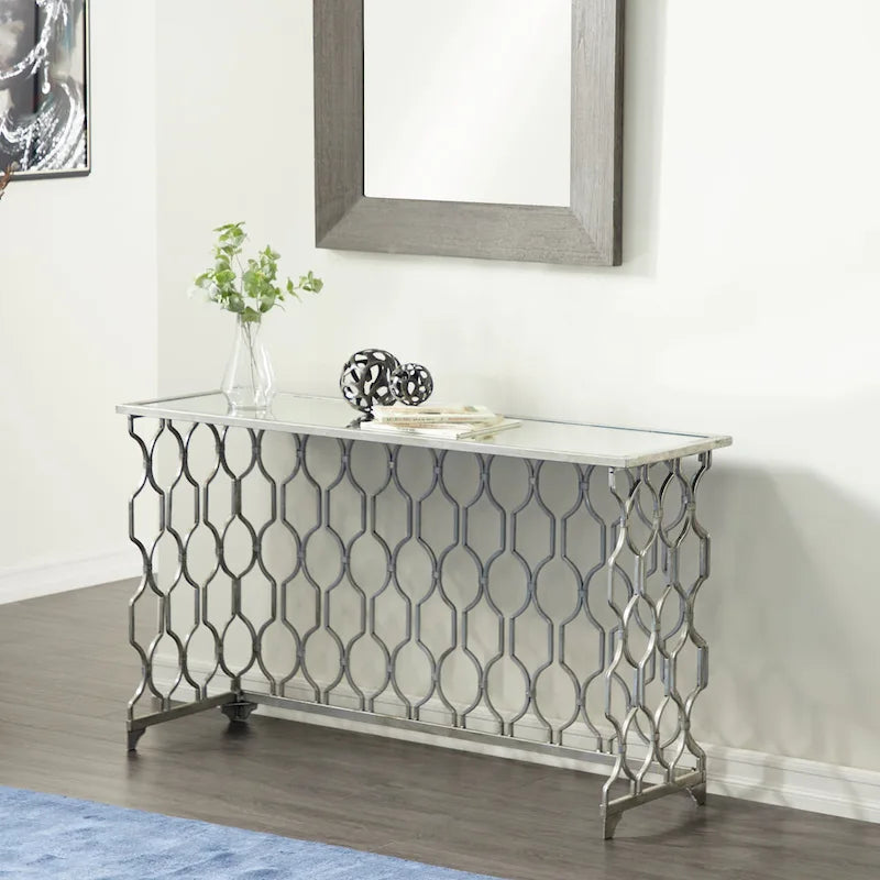 Console géométrique en métal avec plateau en verre miroir - Argent - Roche River Decor - 18Lx55Lx32H