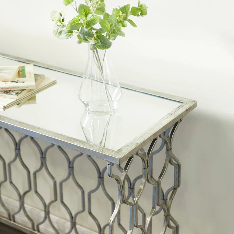 Console géométrique en métal avec plateau en verre miroir - Argent - Roche River Decor - 18Lx55Lx32H