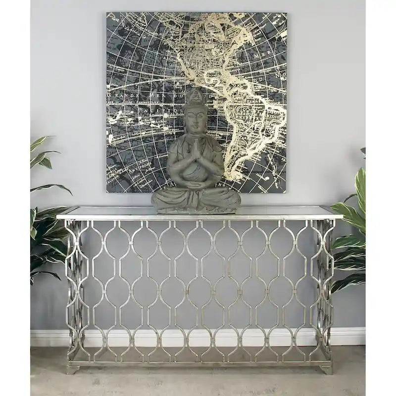 Console géométrique en métal avec plateau en verre miroir - Argent - Roche River Decor - 18Lx55Lx32H