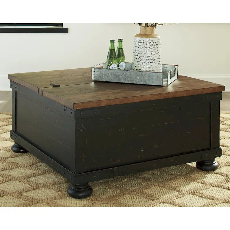 Table basse relevable carrée décontractée Valebeck noire/marron - 91 cm L x 91 cm P x 46 cm H