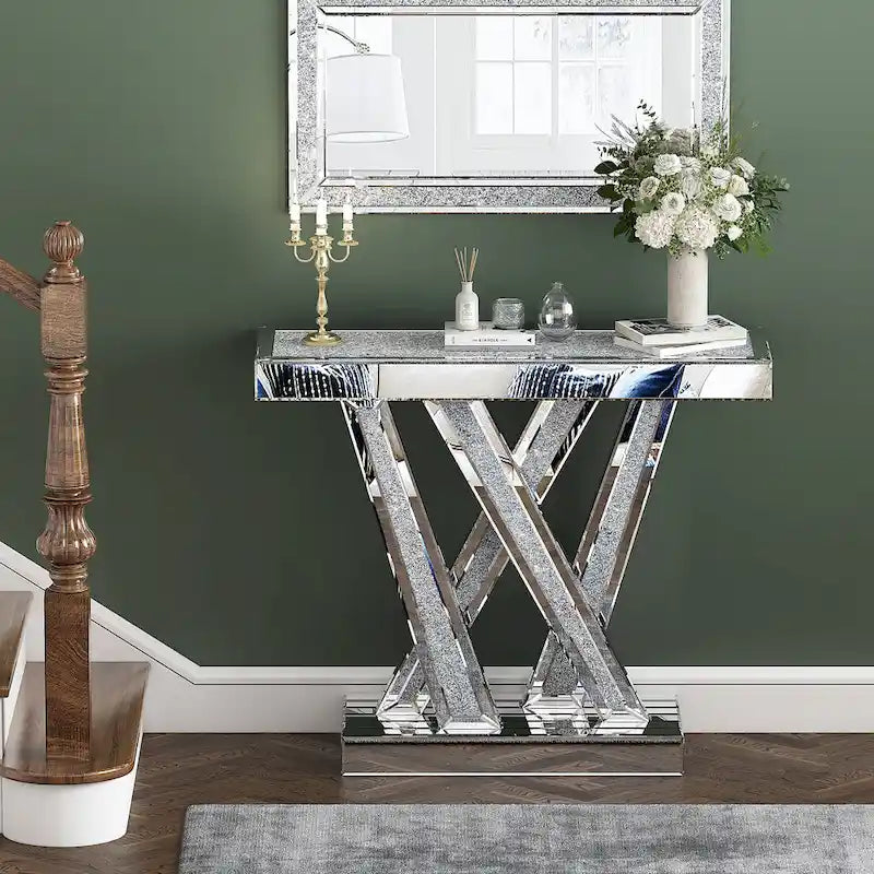 Console moderne argentée avec incrustation de diamants concassés