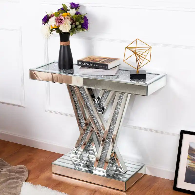 Console moderne argentée avec incrustation de diamants concassés
