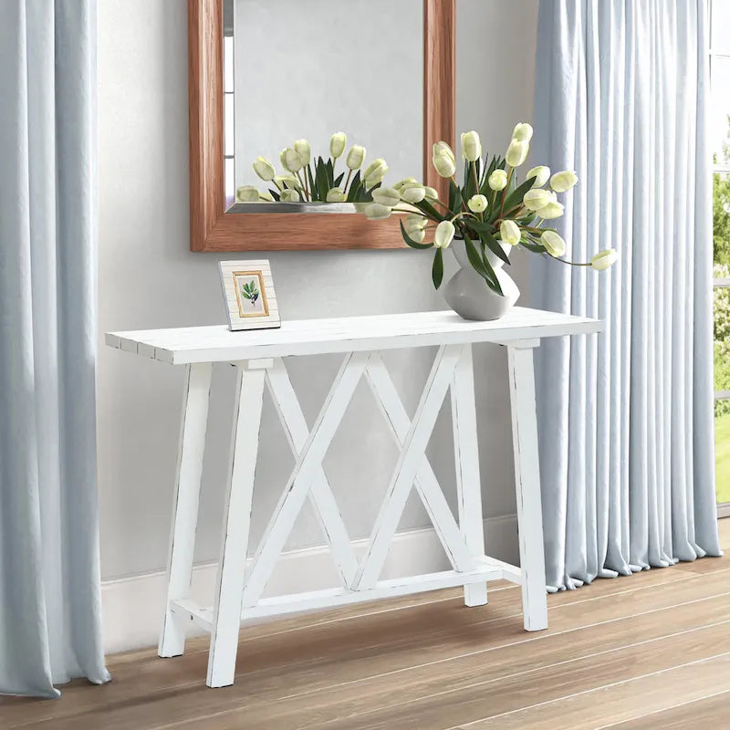 Console et table d'entrée blanches de style campagnard - 32,5 H x 47,9 L x 15 P