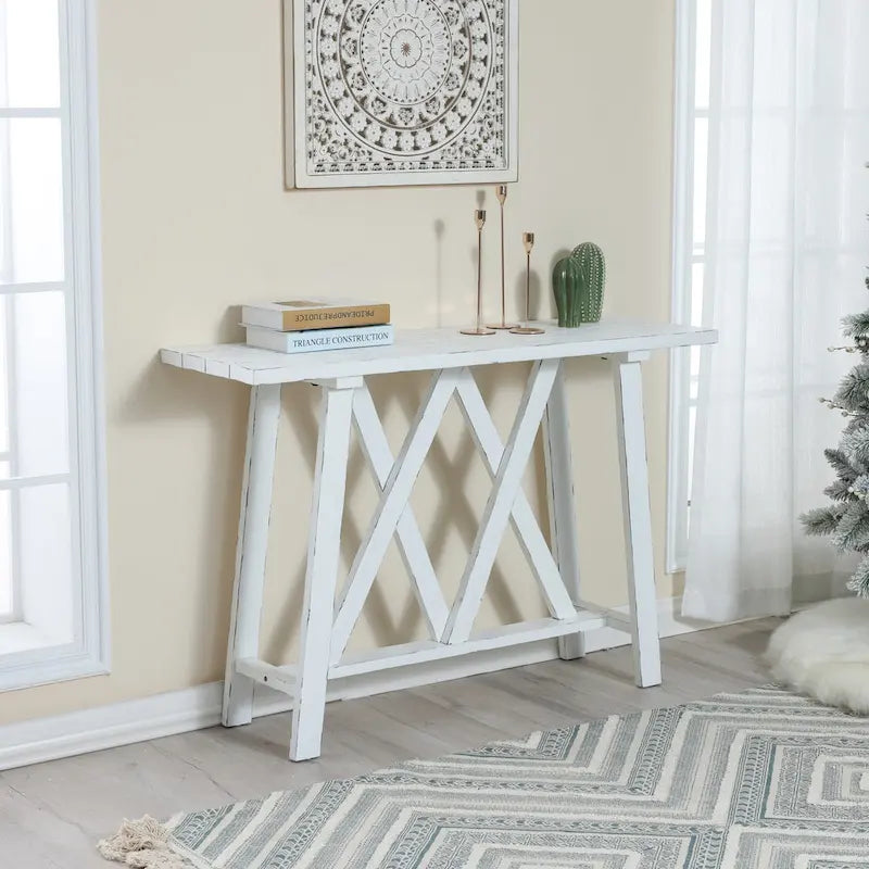 Console et table d'entrée blanches de style campagnard - 32,5 H x 47,9 L x 15 P