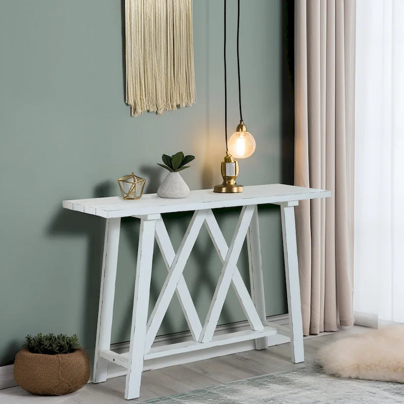 Console et table d'entrée blanches de style campagnard - 32,5 H x 47,9 L x 15 P