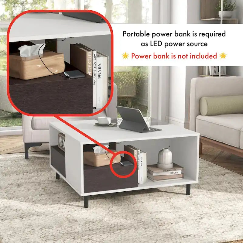 Table basse carrée moderne DH BASIC avec éclairage LED 16 couleurs, étagère et tiroir par Denhour