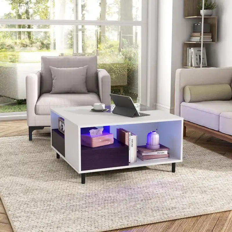 Table basse carrée moderne DH BASIC avec éclairage LED 16 couleurs, étagère et tiroir par Denhour