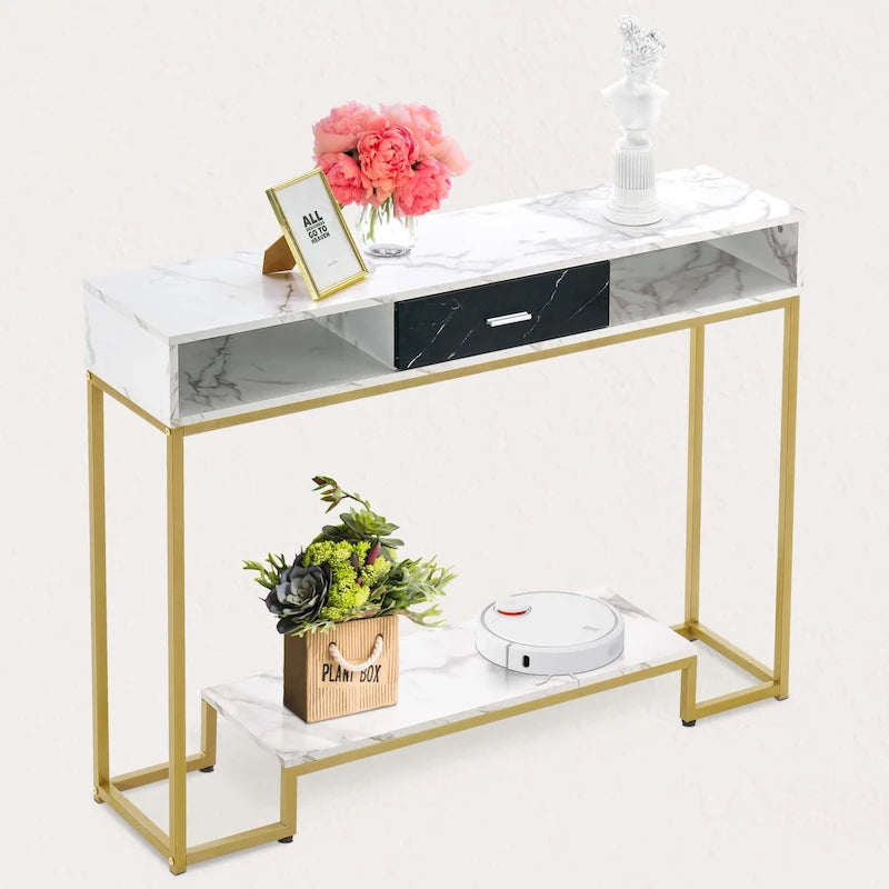 Table console MCombo avec tiroirs, pieds marbre et or