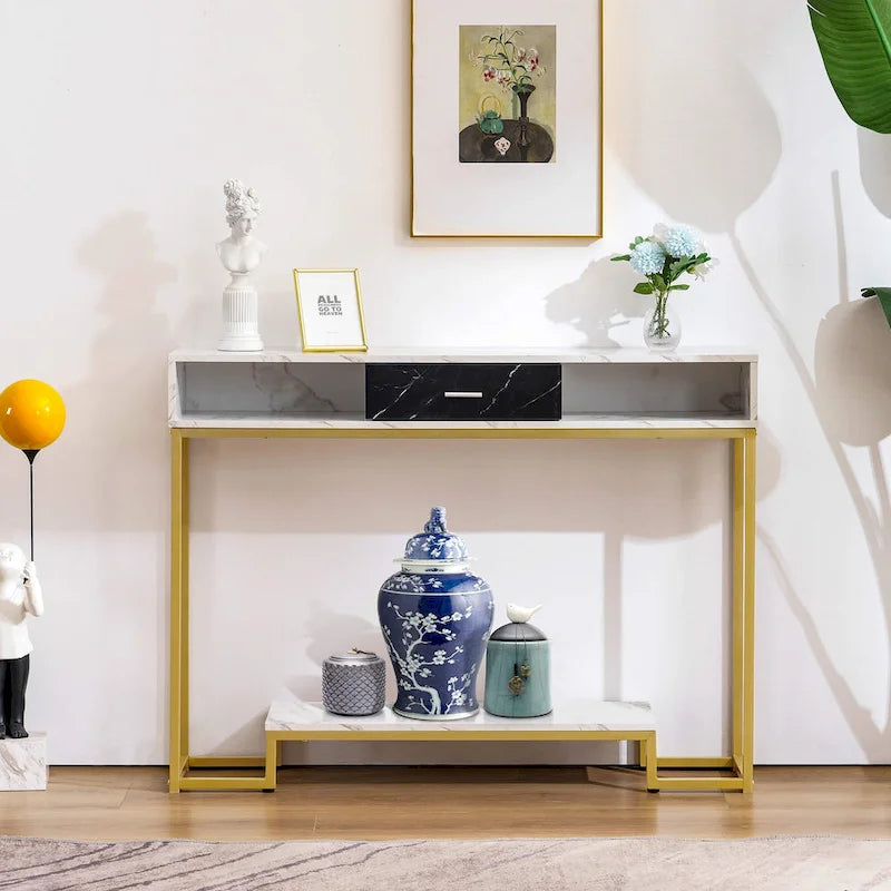 Table console MCombo avec tiroirs, pieds marbre et or