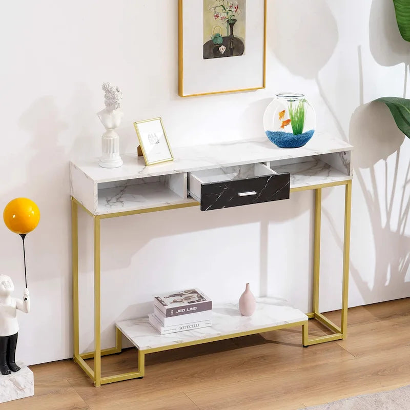 Table console MCombo avec tiroirs, pieds marbre et or