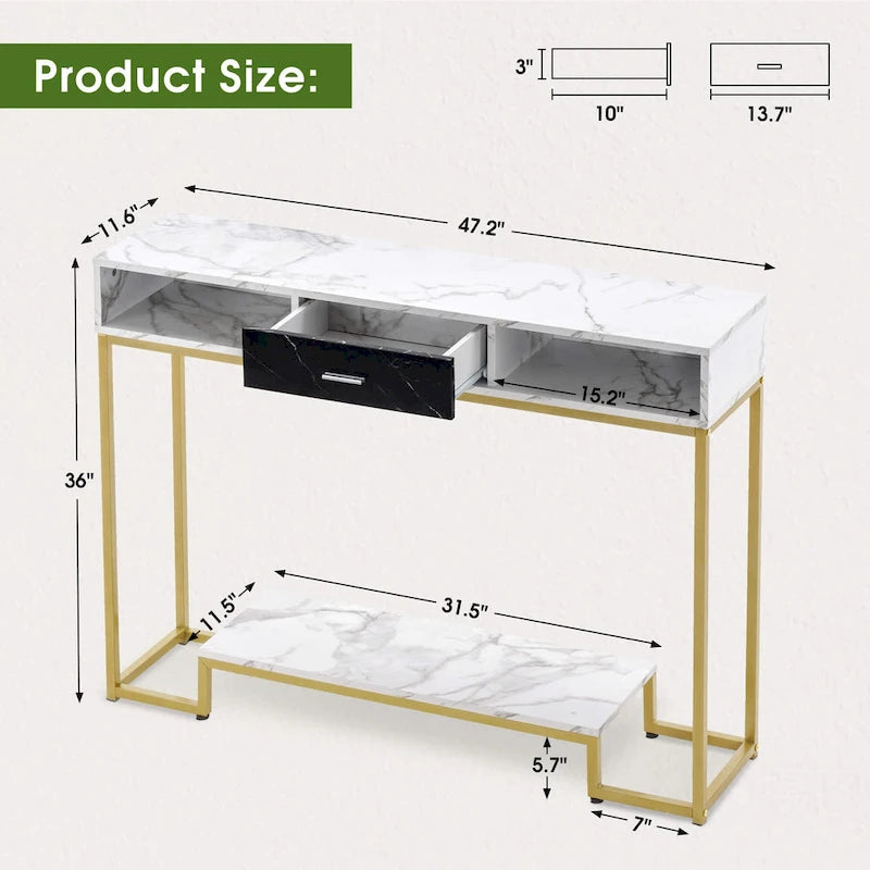 Table console MCombo avec tiroirs, pieds marbre et or