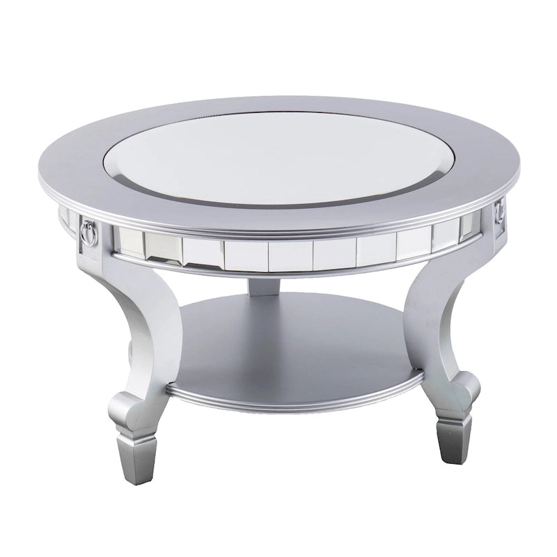 Table basse ronde Olivia contemporaine à miroir SEI Furniture en argent mat avec détails et étagère
