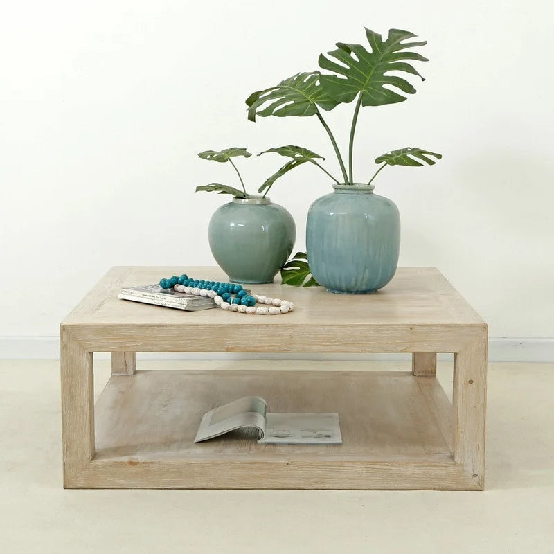 Table basse Artissance 39.4L carrée, aspect bois patiné blanc, avec grand cadre sculpté Peking
