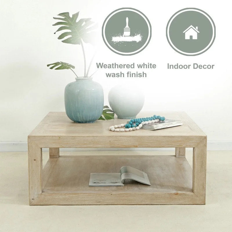 Table basse Artissance 39.4L carrée, aspect bois patiné blanc, avec grand cadre sculpté Peking