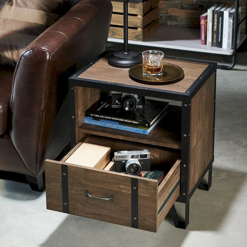 Table d'appoint industrielle en chêne avec 1 tiroir, 43 cm, de Denhour (DH BASIC)
